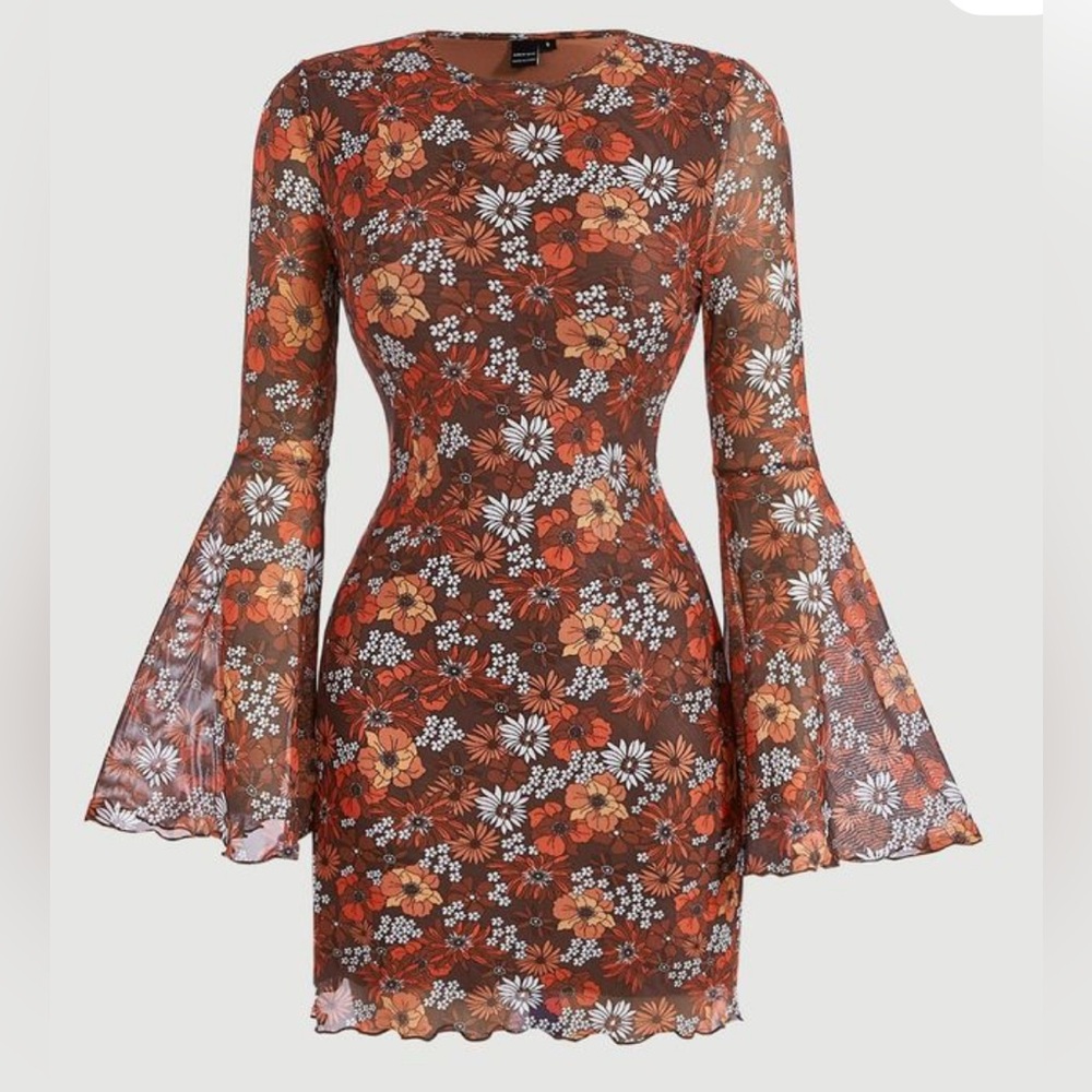 SHEIN MOD Floral Print Flounce Sleeve Lettuce Trim Mesh Bodycon Dress. Size L